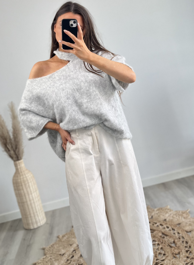 LUNA - Schulterfreier Strickpullover Grau