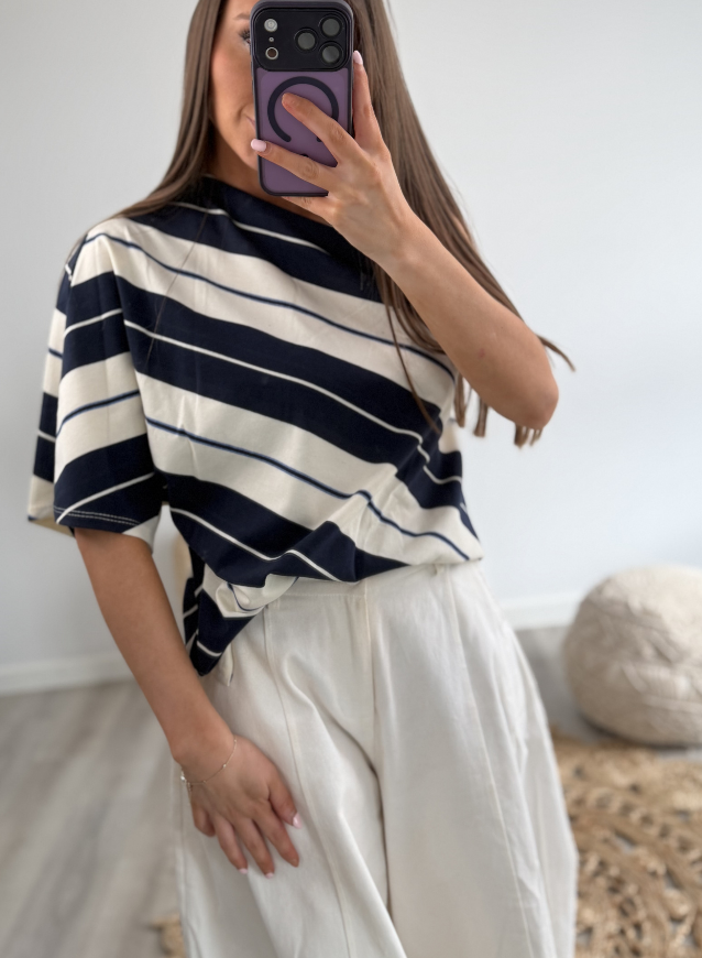 One shoulder Striped Top Navy