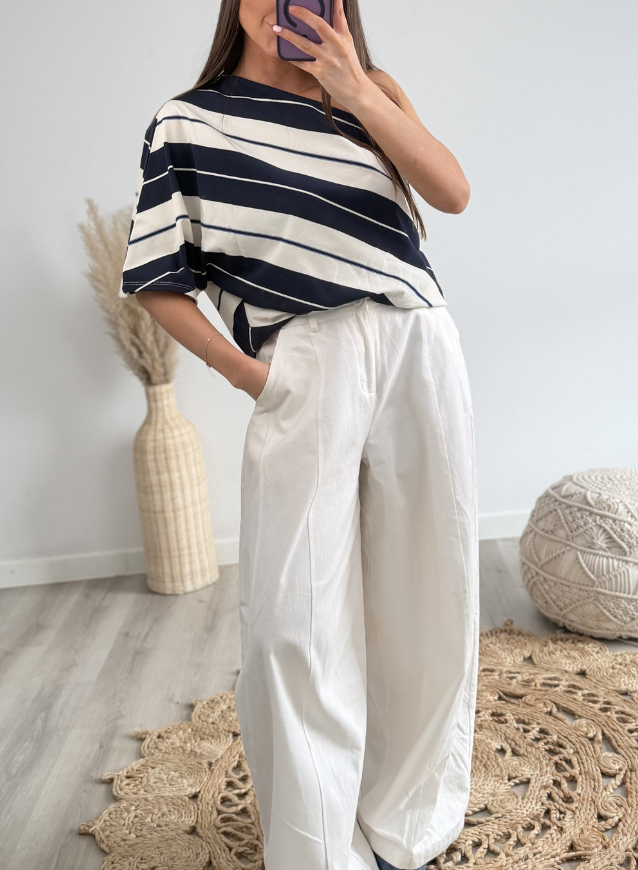 One shoulder Striped Top Navy
