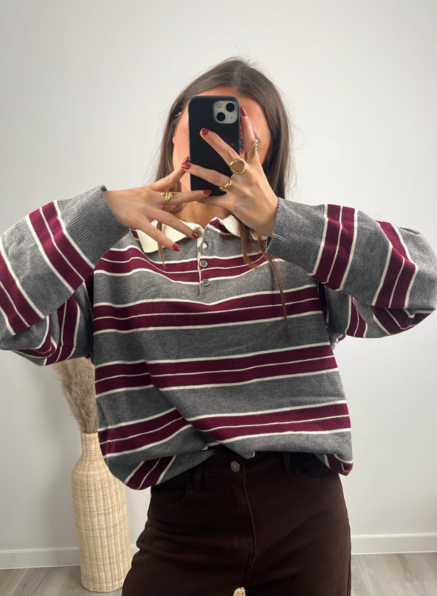 MILLIE- Striped Sweater Bordeaux/Grijs