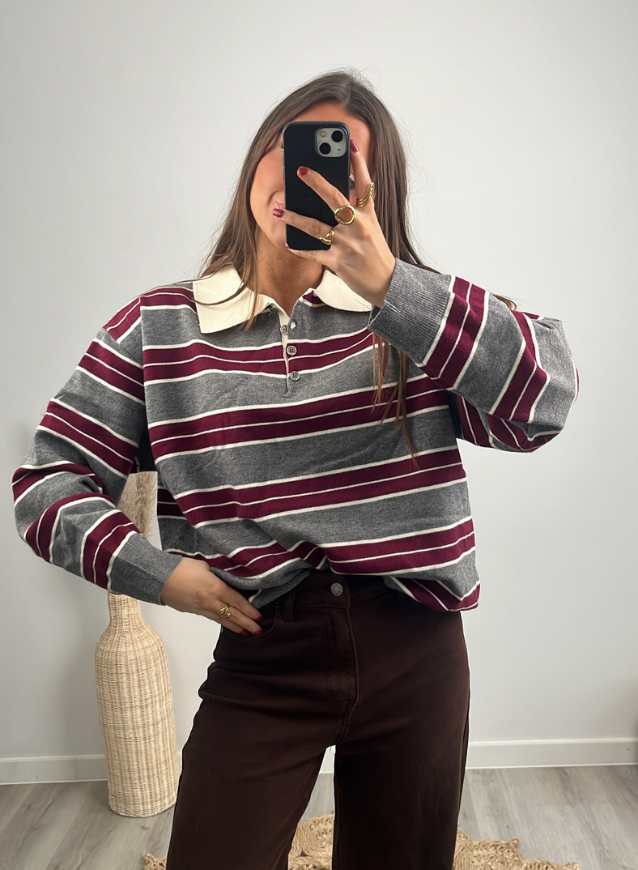 MILLIE- Striped Sweater Bordeaux/Grijs