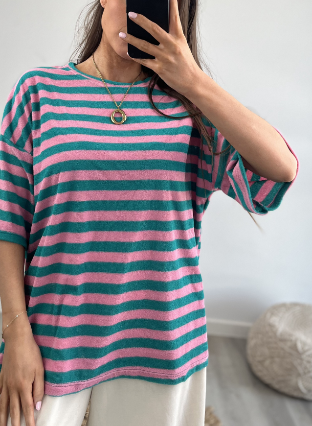 T-shirt badstof roze/turquoise