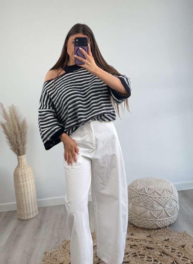 Striped Off- shoulder Knit