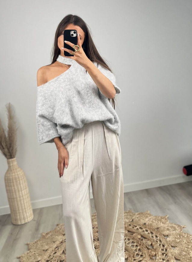 LUNA - Schulterfreier Strickpullover Grau