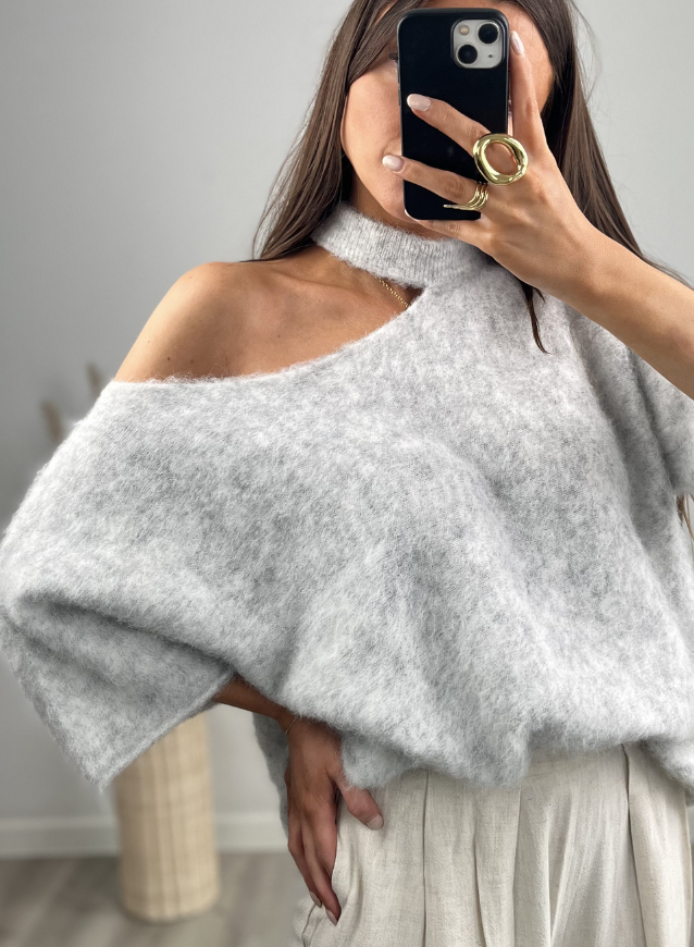 LUNA - Schulterfreier Strickpullover Grau