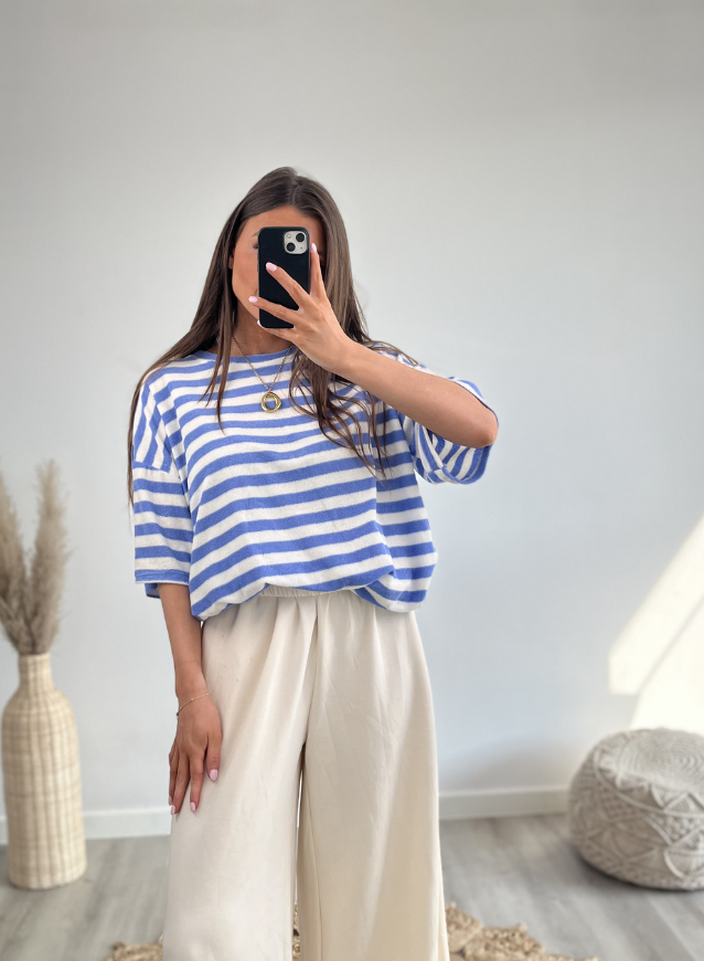 T-shirt badstof blauw/wit