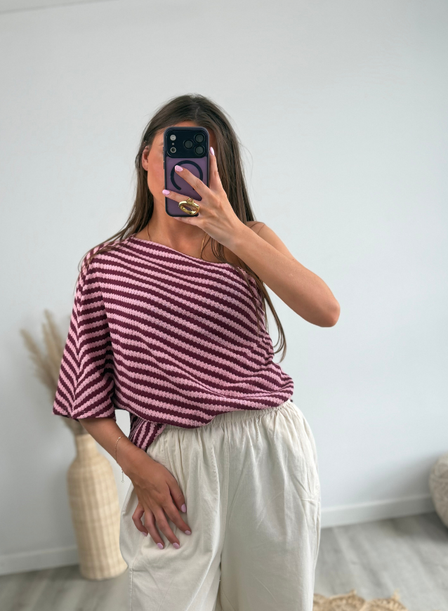 One- Shoulder Bordeaux Striped Top
