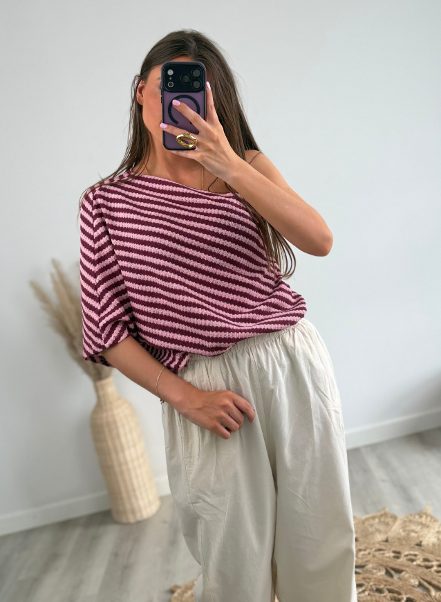 One- Shoulder Bordeaux Striped Top