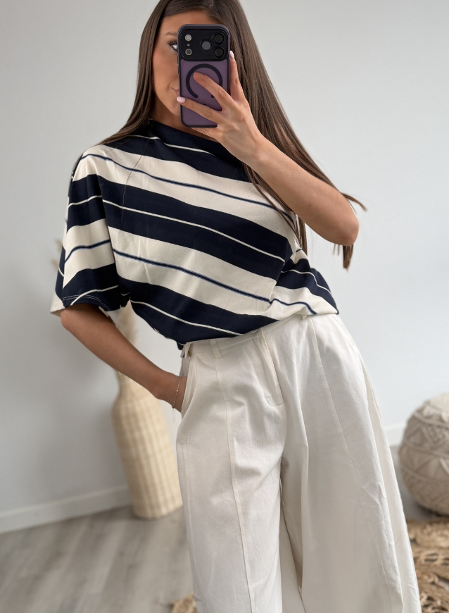 One shoulder Striped Top Navy