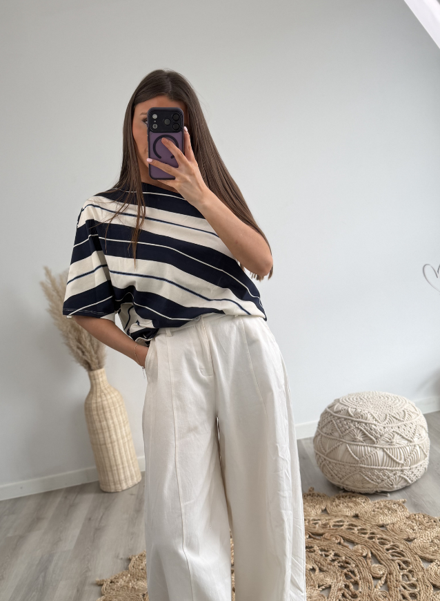 One shoulder Striped Top Navy