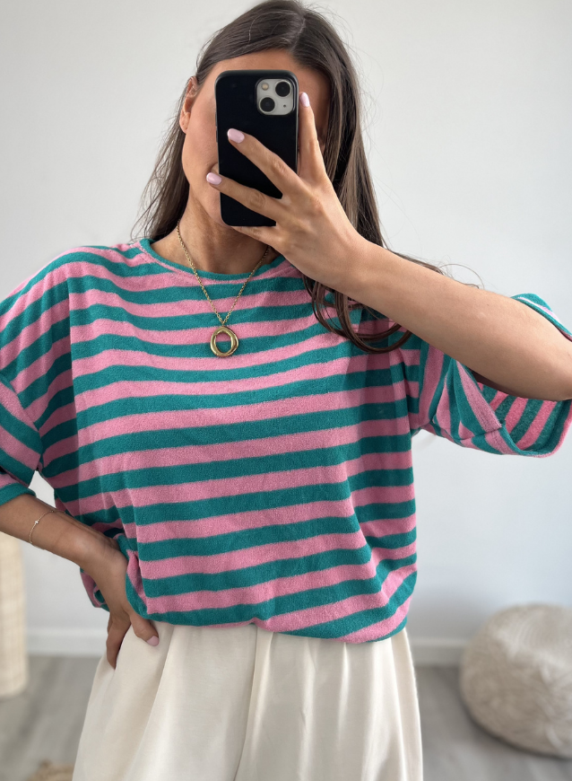 T-shirt badstof roze/turquoise