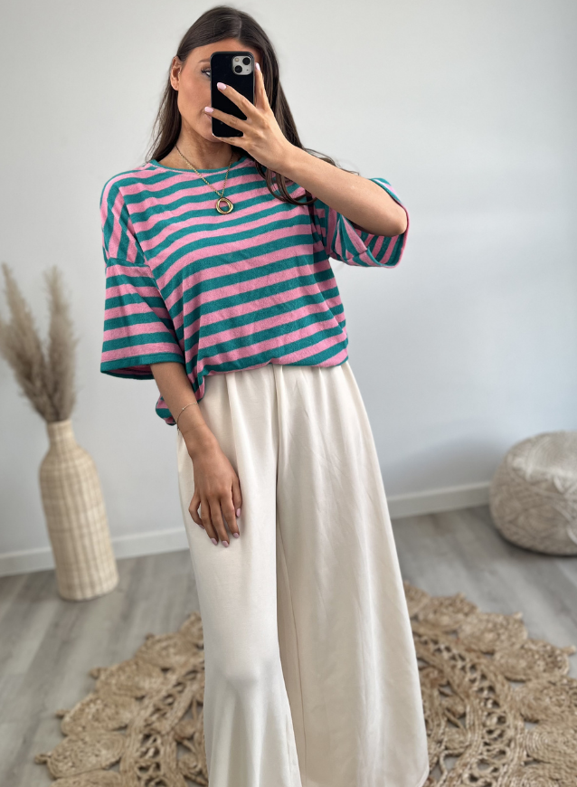T-shirt badstof roze/turquoise
