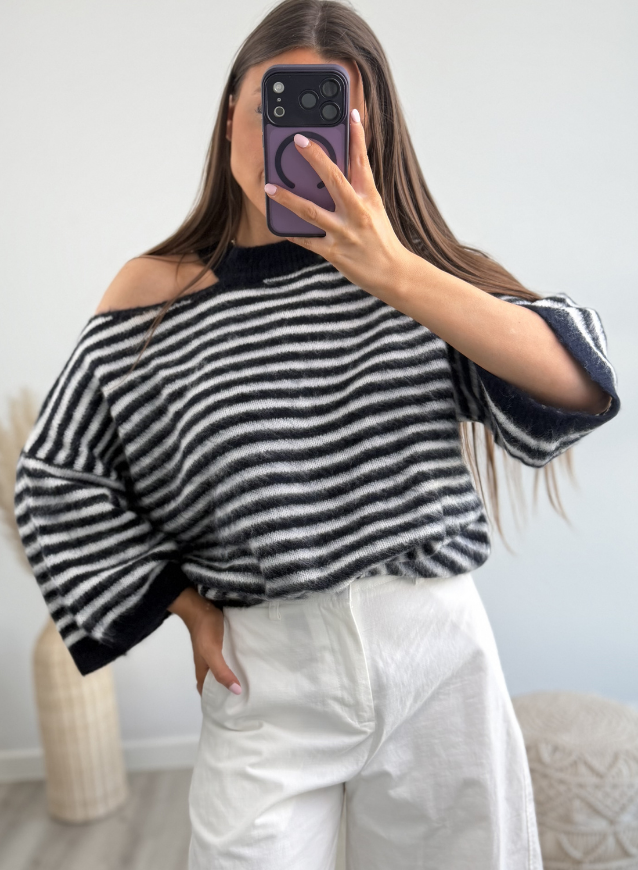 Striped Off- shoulder Knit